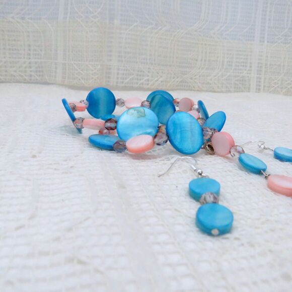 Handmade Blue and Pink Shell Jewelry Set, Y Necklace and Earrings Set For Women - Picture 4 of 10